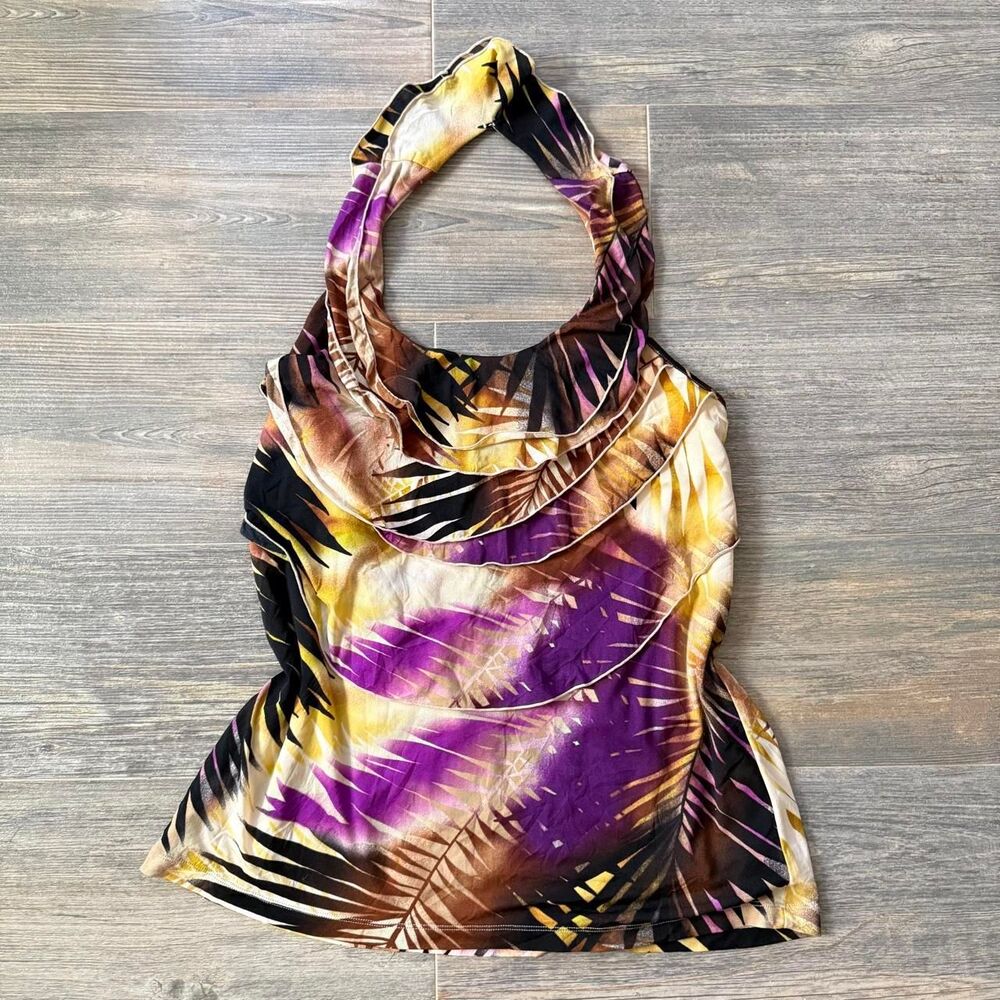 Y2K purple, brown, gold leaf print halter top ruffled tiered whimsical drapey XL